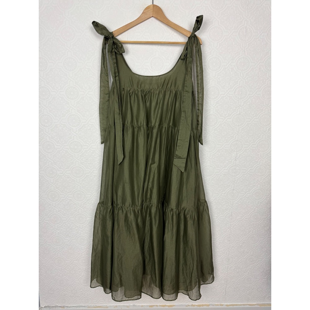 Meimeij Olive Green Tiered Cotton Midi Dress Italy Size 38 Tie Shoulder M2ED01